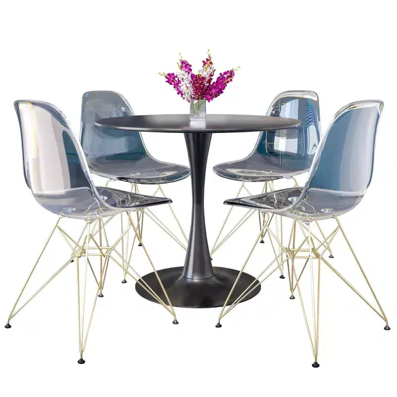 Ensemble de salle à manger 5 pièces LeisureMod avec table de salle à manger ronde de 35 po à piédestal en fer et 4 chaises d'appoint en plastique ABS avec base dorée