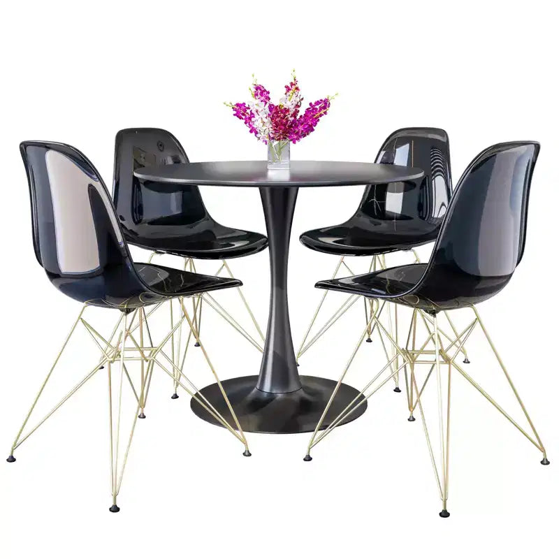 Ensemble de salle à manger 5 pièces LeisureMod avec table de salle à manger ronde de 35 po à piédestal en fer et 4 chaises d'appoint en plastique ABS avec base dorée