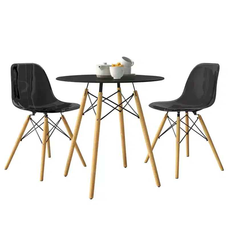 LeisureMod Dover Ensemble repas 3 pièces – Table de bistrot ronde en MDF noir avec 2 chaises en plastique, cuisine moderne, salle à manger, petits espaces, cafés