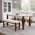 Ensemble de salle à manger 4/5 pièces moderne, table à manger peu encombrante avec plateau en faux marbre, 2 chaises rembourrées et un banc, blanc+marron-ModernLuxe