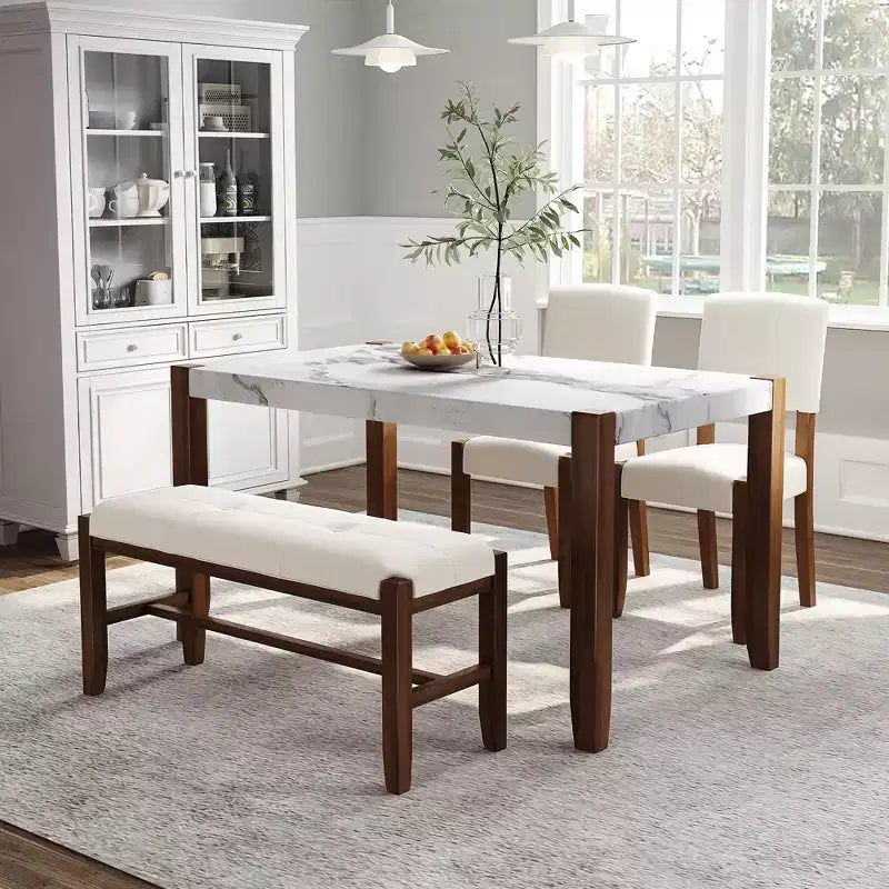 Ensemble de salle à manger 4/5 pièces moderne, table à manger peu encombrante avec plateau en faux marbre, 2 chaises rembourrées et un banc, blanc+marron-ModernLuxe