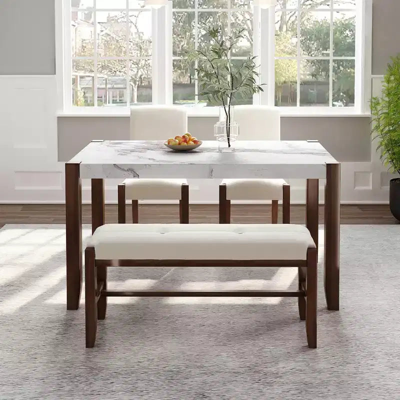 Ensemble de salle à manger 4/5 pièces moderne, table à manger peu encombrante avec plateau en faux marbre, 2 chaises rembourrées et un banc, blanc+marron-ModernLuxe