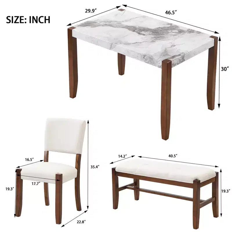 Ensemble de salle à manger 4/5 pièces moderne, table à manger peu encombrante avec plateau en faux marbre, 2 chaises rembourrées et un banc, blanc+marron-ModernLuxe