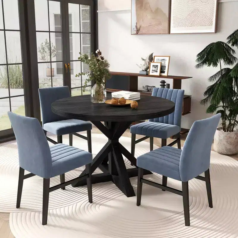 Ensemble de salle à manger rond 5 pièces Walton, table ronde avec piètement en croix et 4 chaises latérales
