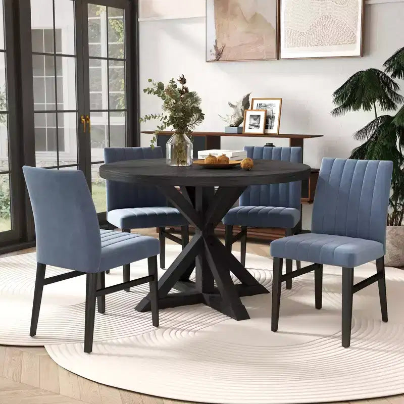 Ensemble de salle à manger rond 5 pièces Walton, table ronde avec piètement en croix et 4 chaises latérales