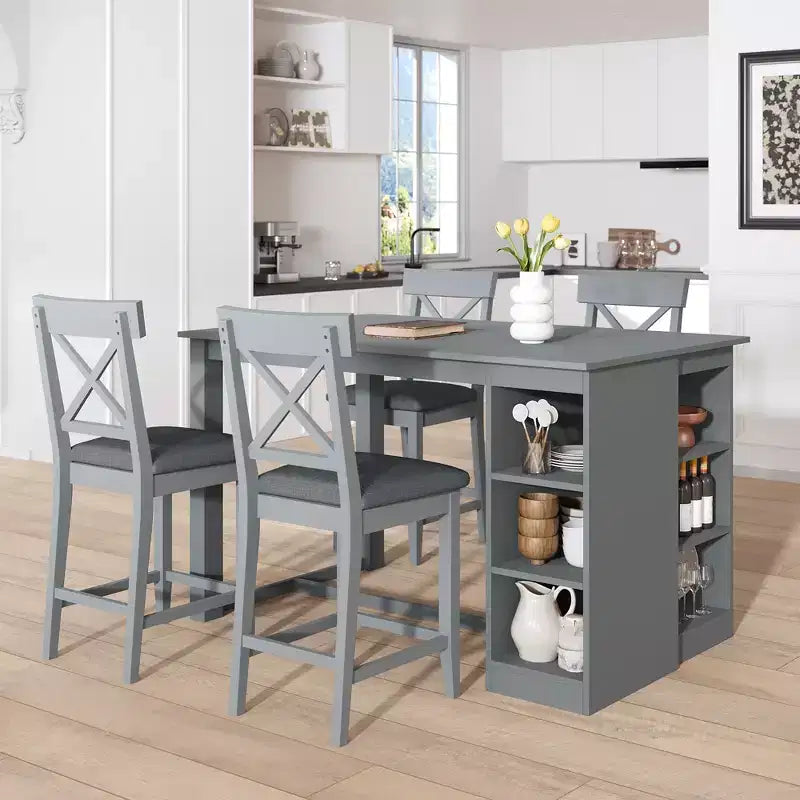 Ensemble de salle à manger 5 pièces style ferme, hauteur comptoir, avec 4 chaises rembourrées et étagères de rangement à 3 niveaux, gris/naturel + blanc - ModernLuxe
