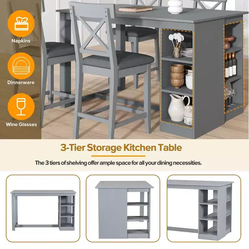 Ensemble de salle à manger 5 pièces style ferme, hauteur comptoir, avec 4 chaises rembourrées et étagères de rangement à 3 niveaux, gris/naturel + blanc - ModernLuxe