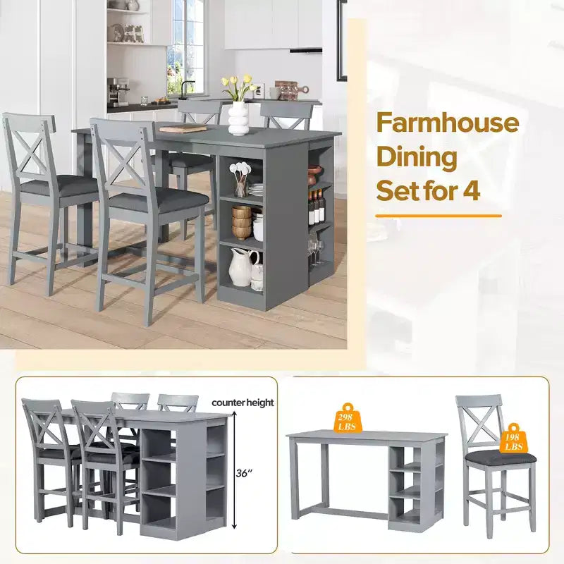 Ensemble de salle à manger 5 pièces style ferme, hauteur comptoir, avec 4 chaises rembourrées et étagères de rangement à 3 niveaux, gris/naturel + blanc - ModernLuxe