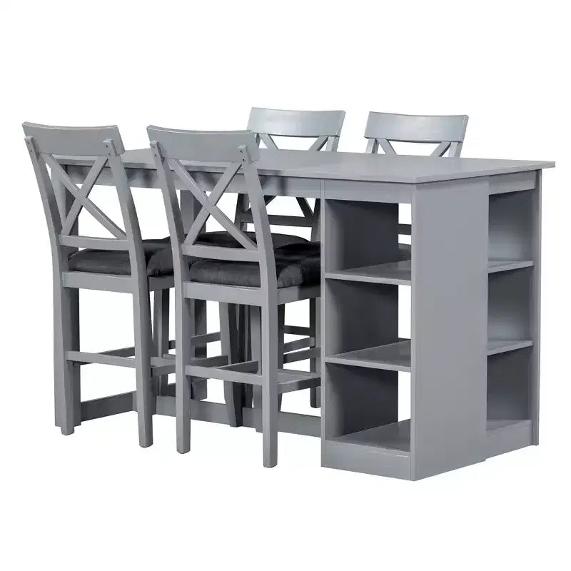 Ensemble de salle à manger 5 pièces style ferme, hauteur comptoir, avec 4 chaises rembourrées et étagères de rangement à 3 niveaux, gris/naturel + blanc - ModernLuxe