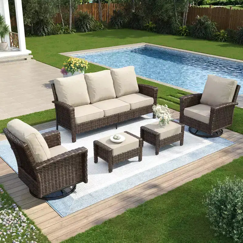 Captiva Designs Ensemble de conversation 5 pièces en rotin pour patio et jardin avec canapé surdimensionné et ottomans
