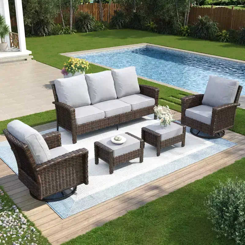Captiva Designs Ensemble de conversation 5 pièces en rotin pour patio et jardin avec canapé surdimensionné et ottomans