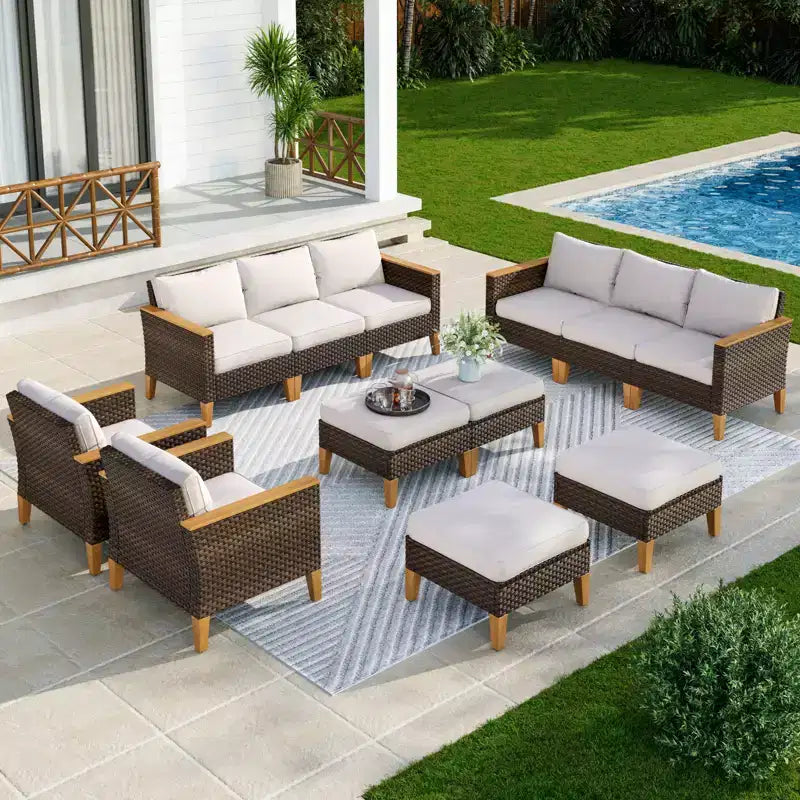 Captiva Designs Ensemble de conversation d'extérieur 12 pièces en rotin et osier avec pouf rembourré