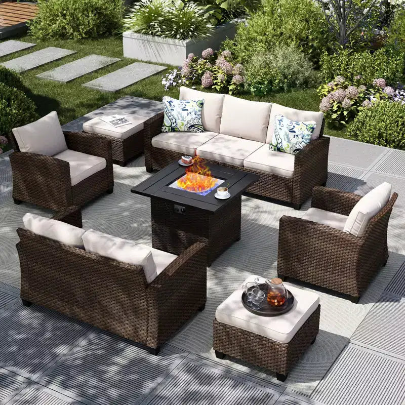 Ensemble de Patio Extérieur 7 Pièces en Rotin et Osier Captiva Designs avec Coussin, Foyer, Ottomans et Causeuse
