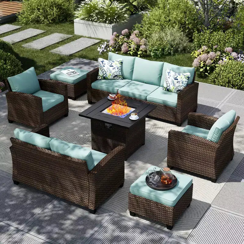 Ensemble de Patio Extérieur 7 Pièces en Rotin et Osier Captiva Designs avec Coussin, Foyer, Ottomans et Causeuse