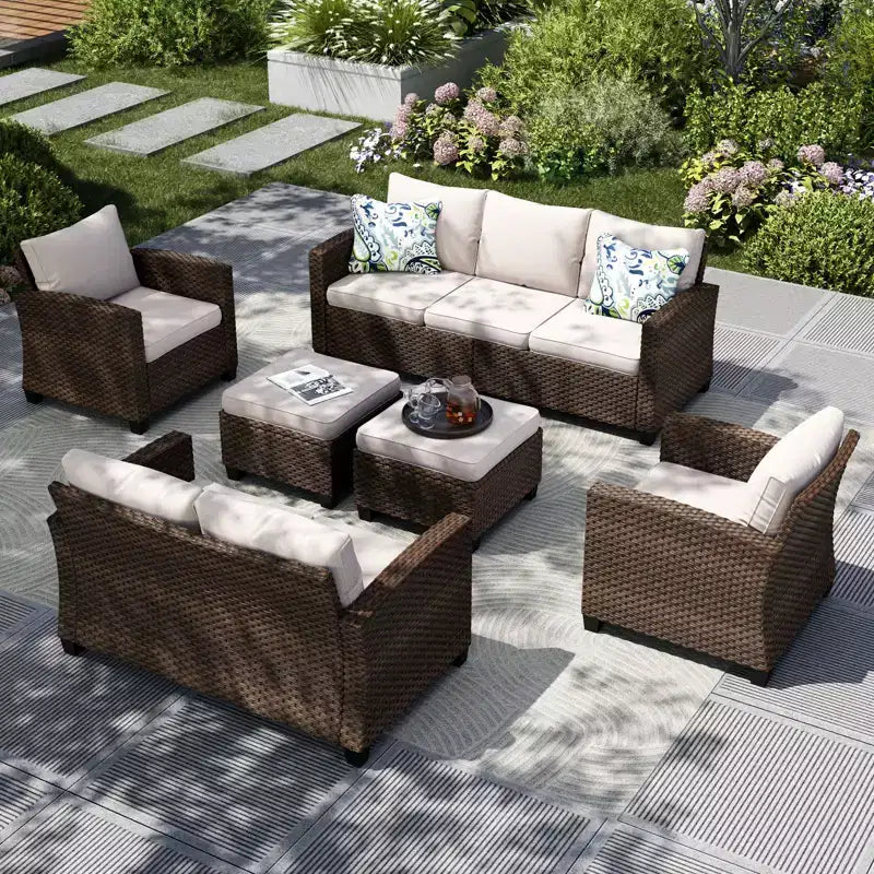 Captiva Designs Ensemble de conversation 6 pièces en osier pour terrasse extérieure avec causeuse coussinée pour jardin, piscine, arrière-cour