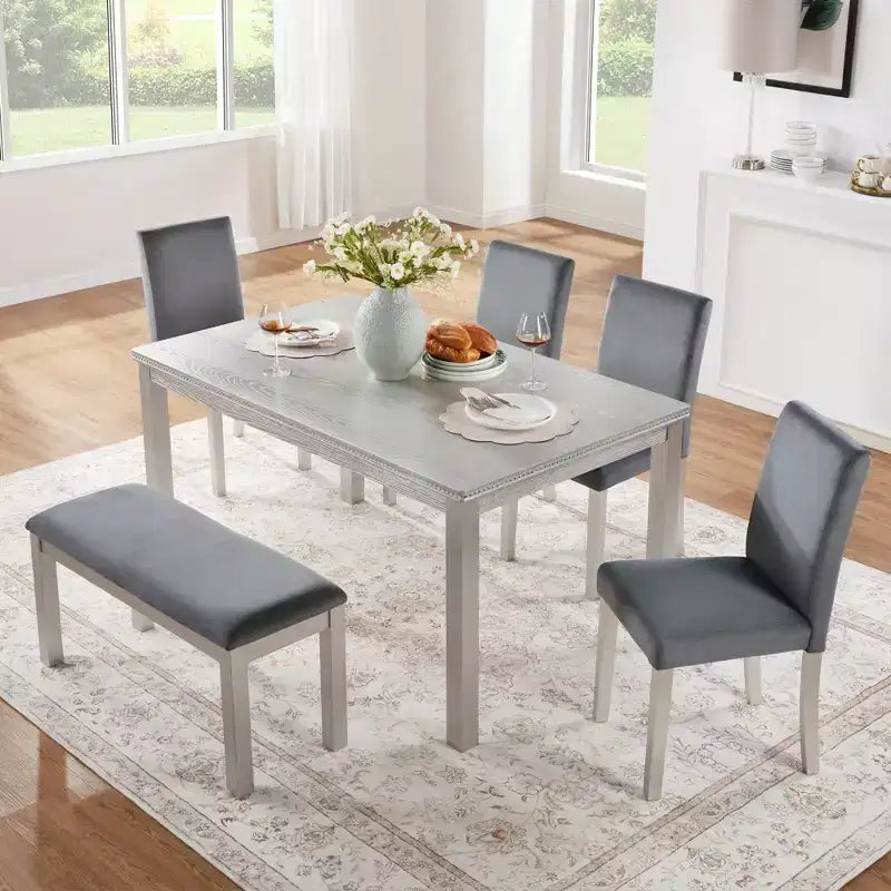 Table à Manger en Bois 6 Pièces avec 4 Chaises Rembourrées et un Banc pour 6 Personnes, Ensemble de Table à Manger Rectangulaire avec Décoration en Cristal