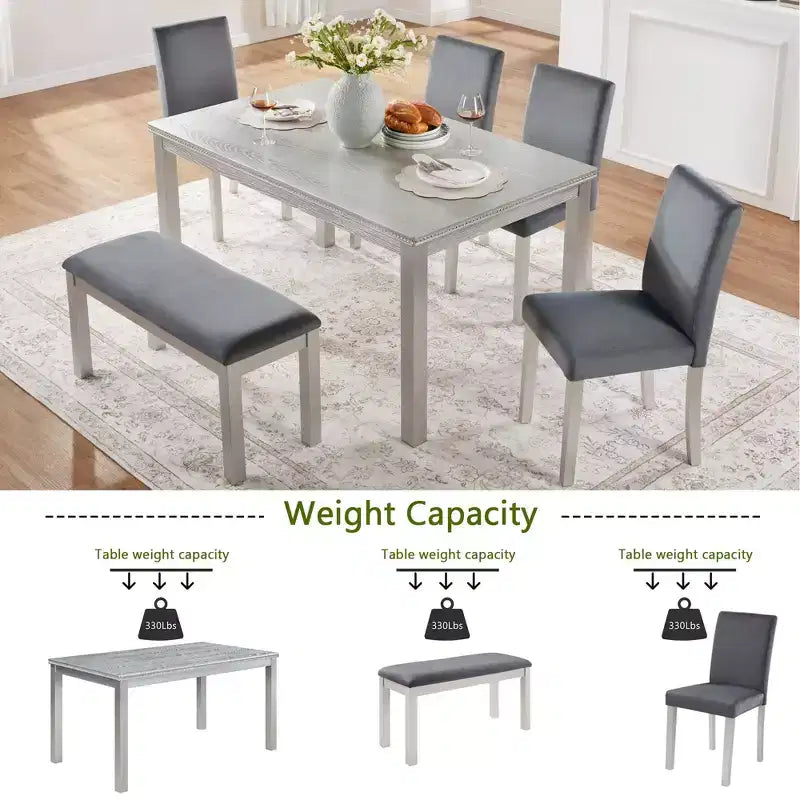 Table à Manger en Bois 6 Pièces avec 4 Chaises Rembourrées et un Banc pour 6 Personnes, Ensemble de Table à Manger Rectangulaire avec Décoration en Cristal