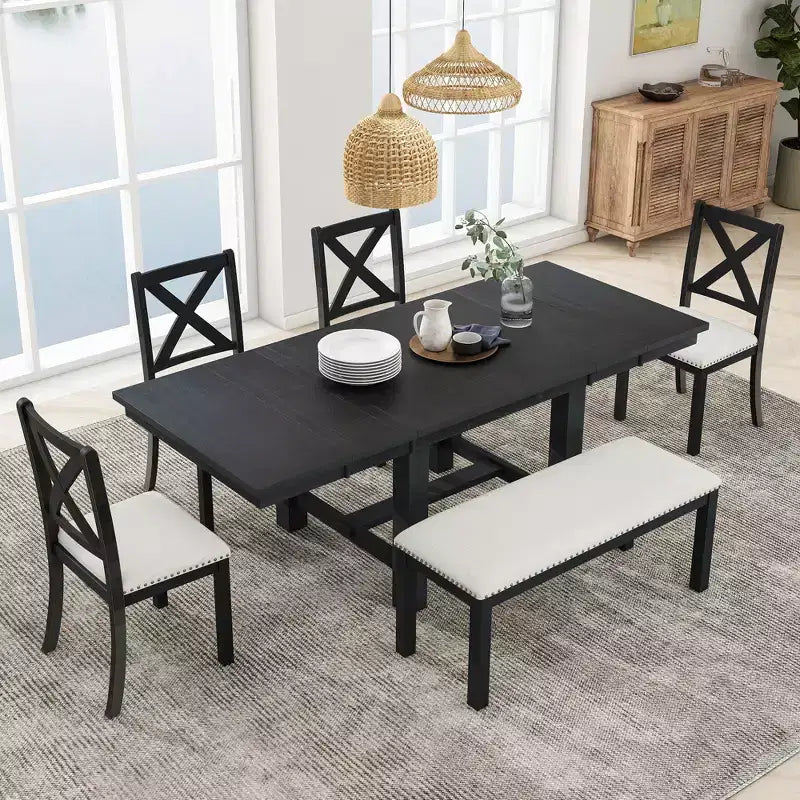 HABITRIO Ensemble de 6 pièces de table à manger extensible pour 6 personnes, ensemble de salle à manger de style ferme avec 4 chaises de salle à manger rembourrées, un banc et 2 rallonges amovibles, naturel/noir