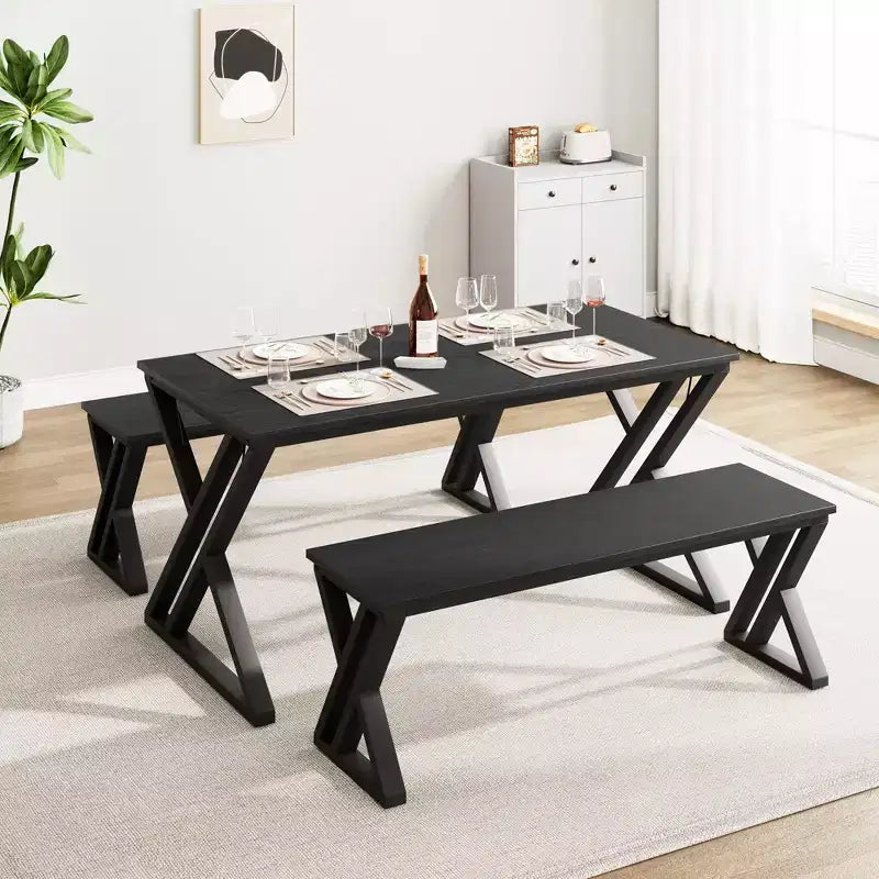 Ensemble table à manger pour 4 personnes, table de cuisine avec cadre en métal robuste, ensemble table de salle à manger rectangulaire avec 2 bancs, peu encombrant pour cuisine, salle à manger