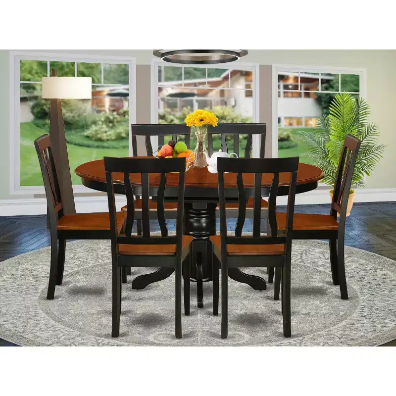 HomeStock Belmont, Ensemble de salle à manger ovale 7 pièces avec table à piédestal et chaises sans accoudoirs, Noir