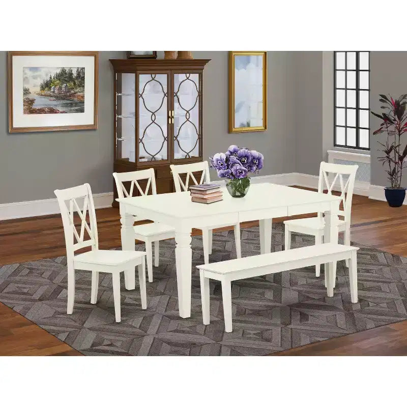 Ensemble de salle à manger HomeStock Belmont, table rectangulaire de 42/60 pouces avec rallonge de 18 pouces, 4 chaises à dossier en double X et un banc