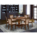 Ensemble de salle à manger moderne 7 pièces HomeStock Belmont – Table à piédestal en bois et 6 chaises de salle à manger Parsons à haut dossier couleur beige clair – Finition noyer antique