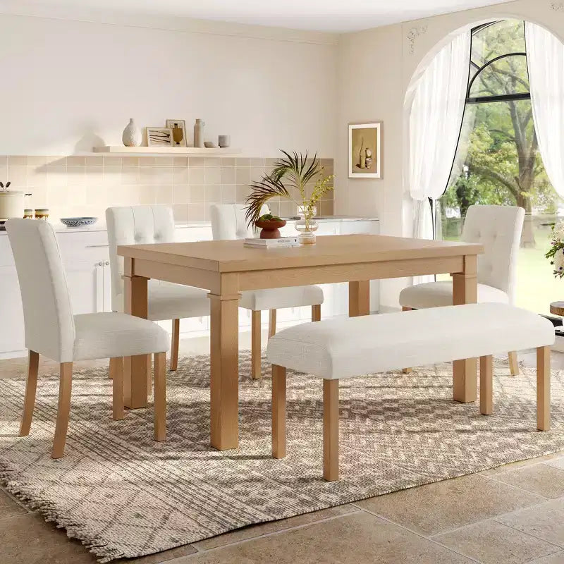Ensemble de salle à manger en bois avec banc pour 6 personnes, ensemble de cuisine rectangulaire de 6 pièces avec 4 chaises rembourrées pour salle à manger