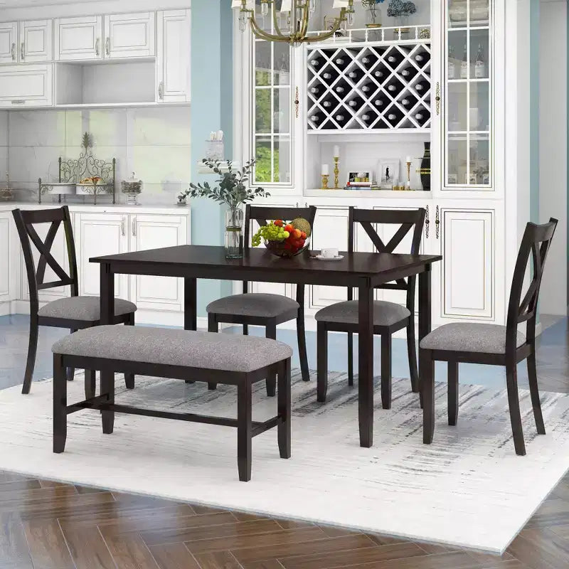 Ensemble de salle à manger 6 pièces de style ferme avec banc pour 6 personnes, table rectangulaire en bois et 4 chaises rembourrées