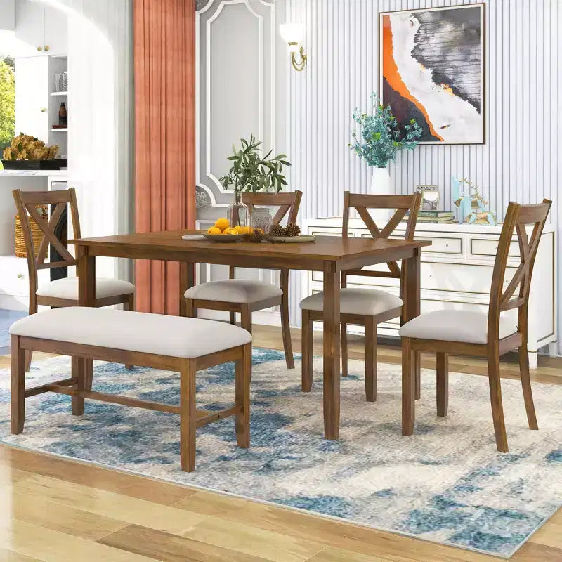 Ensemble de salle à manger 6 pièces de style ferme avec banc pour 6 personnes, table rectangulaire en bois et 4 chaises rembourrées