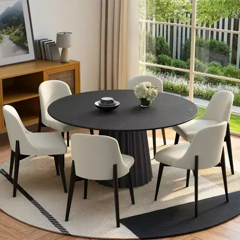 Ensemble de salle à manger PexFix 52 moderne avec 6 chaises rembourrées, table ronde, dessus en bois texturé noir, piédestal plissé, sièges beiges pour cuisine et salle à manger