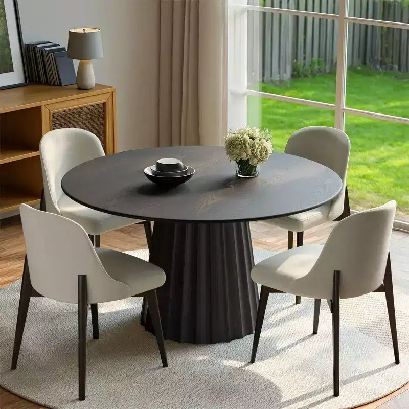 PexFix 46 Ensemble table à manger ronde moderne avec 4 chaises rembourrées Plateau en bois texturé noir Base piédestal plissée Sièges beiges pour cuisine salle à manger
