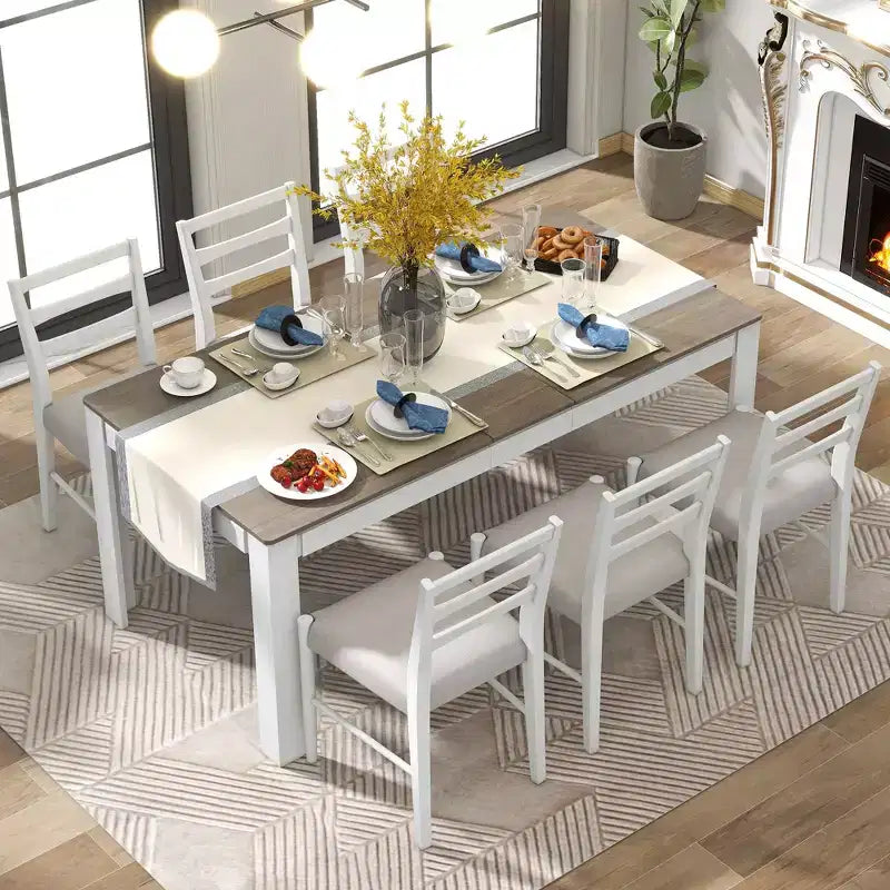Ensemble de salle à manger extensible 7 pièces GDFStudio Louisa avec table en bois et chaises rembourrées