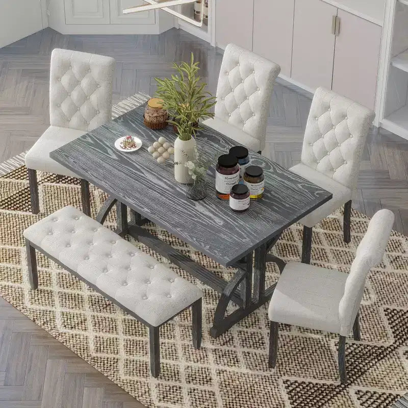 Ensemble de salle à manger GDFStudio Kent 6 pièces en bois massif avec chaises et banc rembourrés