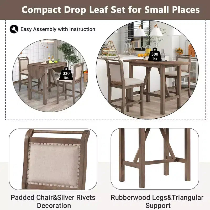 Clihome Ensemble de salle à manger 3 pièces avec table à rabat, design demi-lune extensible avec chaises de style rustique, pour petits espaces