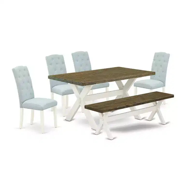 HomeStock Table à manger en bois massif finition chêne naturel 6 pièces avec 1 banc et 4 chaises