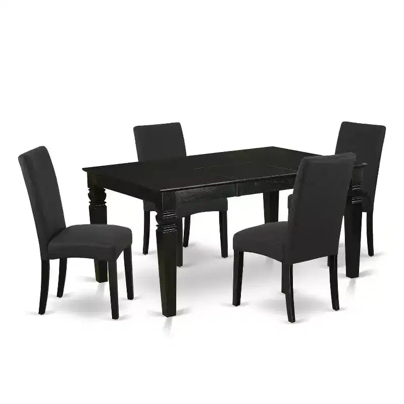 HomeStock Table de salle à manger rectangulaire 5 pièces à plateau en bois massif de finition noire avec 4 chaises Parson et rallonge papillon