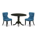 Ensemble de salle à manger nordique pour 2 - Table ronde à pied central moderne et chaises en tissu de lin - Bleu minéral et noir