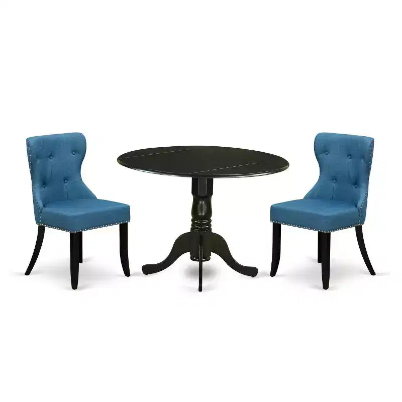 Ensemble de salle à manger nordique pour 2 - Table ronde à pied central moderne et chaises en tissu de lin - Bleu minéral et noir
