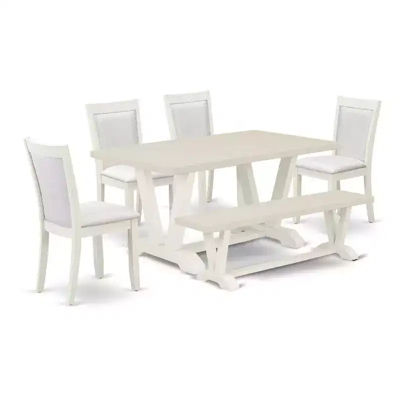 HomeStock Table de salle à manger 6 pièces rectangulaire en bois massif brossé blanc lin avec 1 banc et 4 chaises