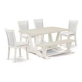 HomeStock Table de salle à manger 6 pièces rectangulaire en bois massif brossé blanc lin avec 1 banc et 4 chaises