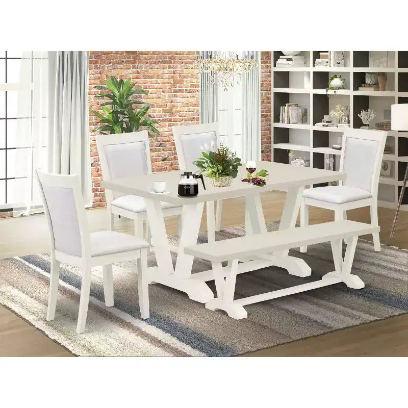 HomeStock Table de salle à manger 6 pièces rectangulaire en bois massif brossé blanc lin avec 1 banc et 4 chaises