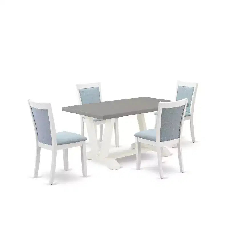 HomeStock Table de salle à manger avec plateau en bois massif, 4 chaises, finition brossée blanc lin, 5 pièces