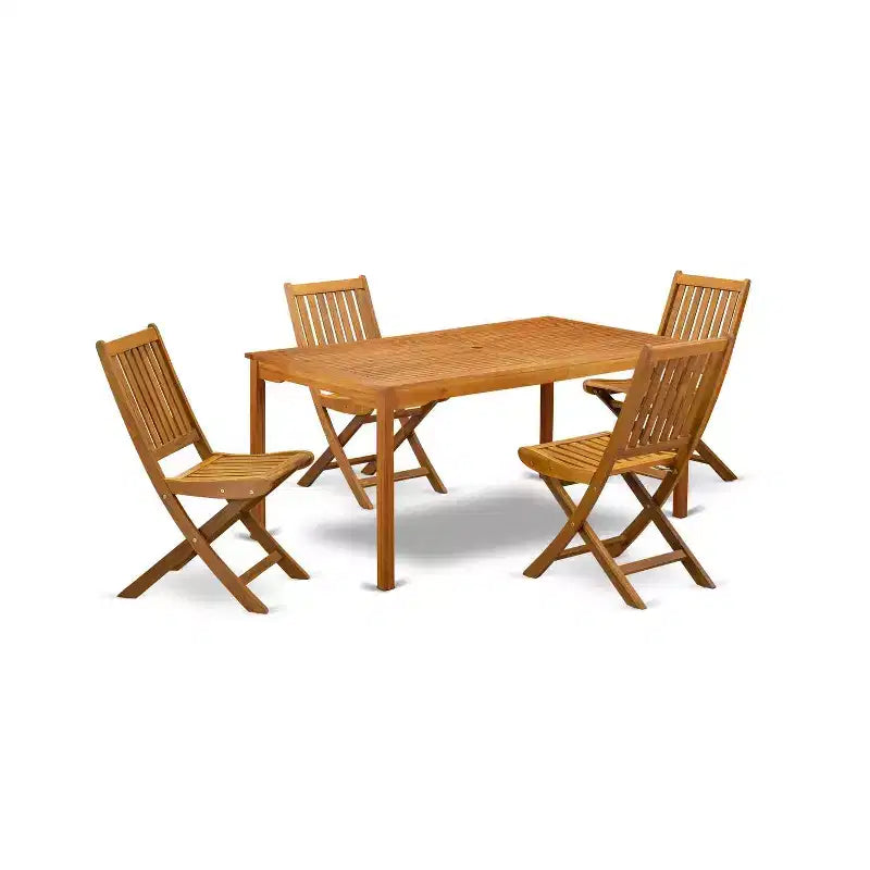 Table de salle à manger HomeStock 5 pièces rectangulaire avec plateau en bois massif au fini chêne naturel et 4 chaises à dossier à lattes