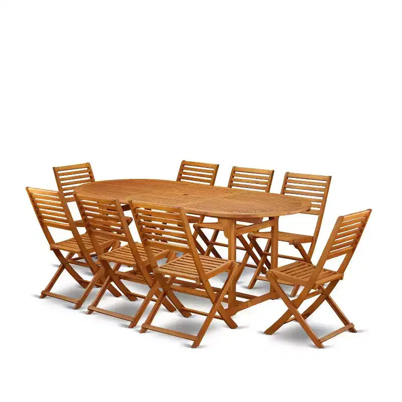 Table à manger 9 pièces en bois massif HomeStock finition chêne naturel avec 8 chaises