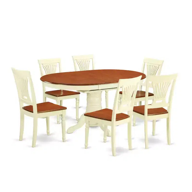 Ensemble de salle à manger 7 pièces, table ovale avec 6 chaises, finition cerisier et crème.