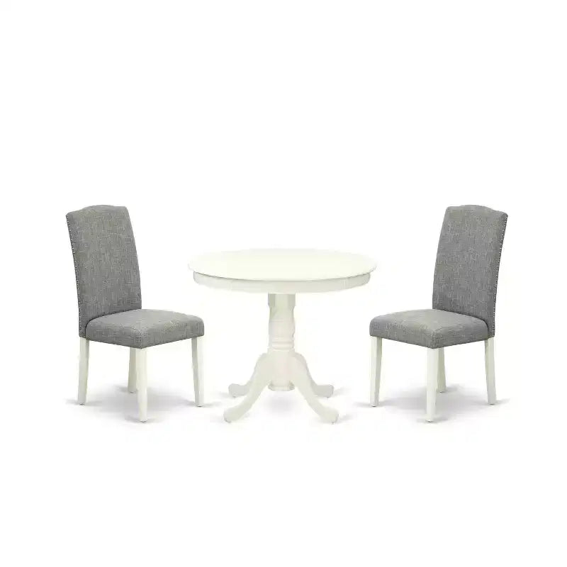 Ensemble table à manger ronde 36 pouces - Table et 2 chaises - Pieds blancs lin - Tissu Shitake foncé