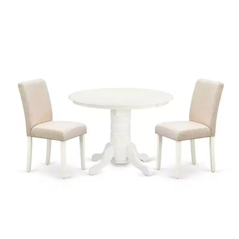 Ensemble Table à Manger Ronde 3 pièces - Table de 42 pouces et 2 Chaises Parsons - Pieds Blanc Lin - Tissu Beige Clair