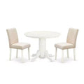 Ensemble Table à Manger Ronde 3 pièces - Table de 42 pouces et 2 Chaises Parsons - Pieds Blanc Lin - Tissu Beige Clair