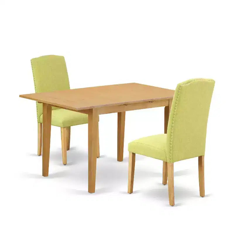 Ensemble de salle à manger rectangulaire - Table 3 pièces avec rallonge papillon et 2 chaises Parsons - Tissu de lin, pieds en chêne