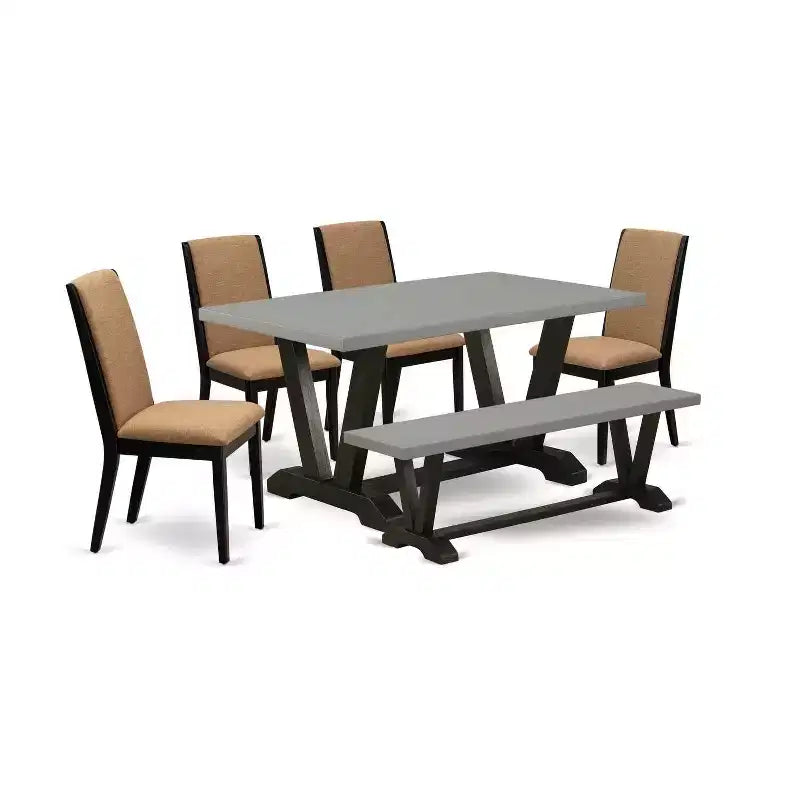 Table à manger rectangulaire 6 places HomeStock avec plateau en bois massif finition chêne naturel, 1 banc et 4 chaises